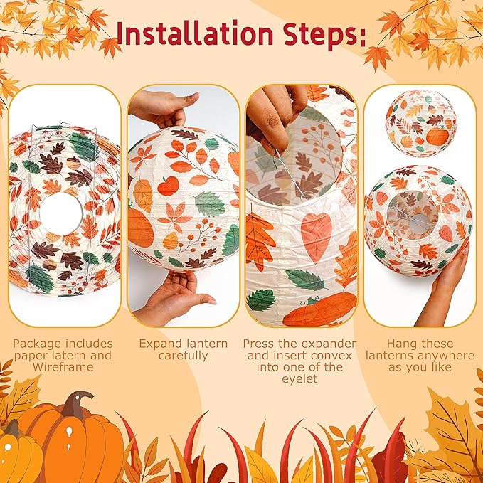 12 Pcs Fall Paper Lanterns Thanksgiving Orange Paper Lanterns Party Decorations, Maple Leaves Paper Lanterns Harvest Decorations for Autumn Birthday Party Indoor Outdoor Decor