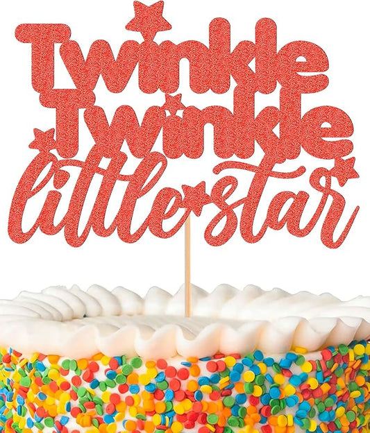 Twinkle Twinkle Little Star Cake Topper - Glitter Red Baby Shower Party Cake Decoration, Perfect for Gender Reveal Party, 1st birthday Party or Photo Booth Props (Red)