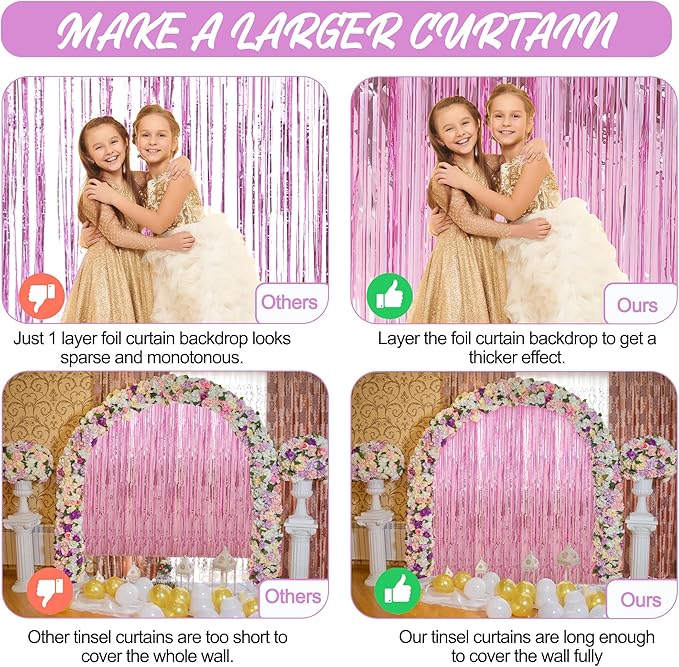 Crosize 3 Pack 3.3 x 9.9 ft Pink Foil Fringe Glitter Curtains Party Decorations, Tinsel Backdrop for Parties, Door Streamers for Birthday, Photo Booth Backdrops, Party Decor