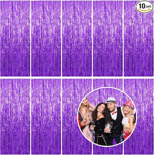 10 Pack Foil Curtain Backdrop Purple Metallic Tinsel Foil Fringe Curtains Photo Booth Props for Birthday Wedding Engagement Baby Shower Bachelorette Christmas Holiday Celebration Party