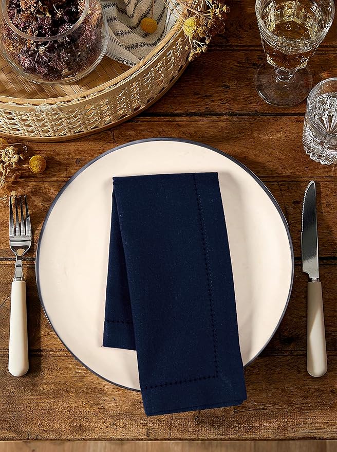 Palisa Cloth Dinner Napkins with Hemstitched Detailing & Mitered Corners Set of 4 (18x18 Inches) Navy - Cotton Reusable Dinner Napkins - Perfect for Weddings & Everyday Use