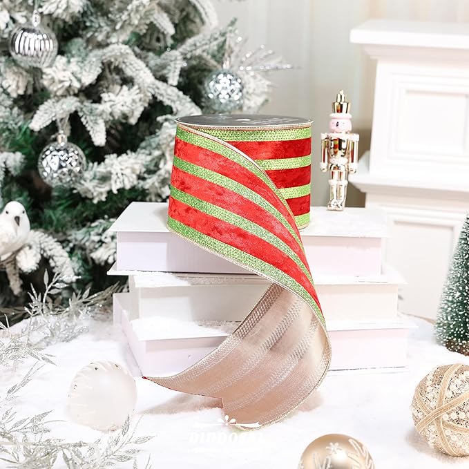 Red Velvet Wired Ribbon with Lime Green Glitter Stripe 4 Inch Extra Wide Crushed Velvet Christmas Ribbon, 10 Yards for Gift Wrapping, Crafts, Christmas Tree Decorations, Wreaths, Garlands