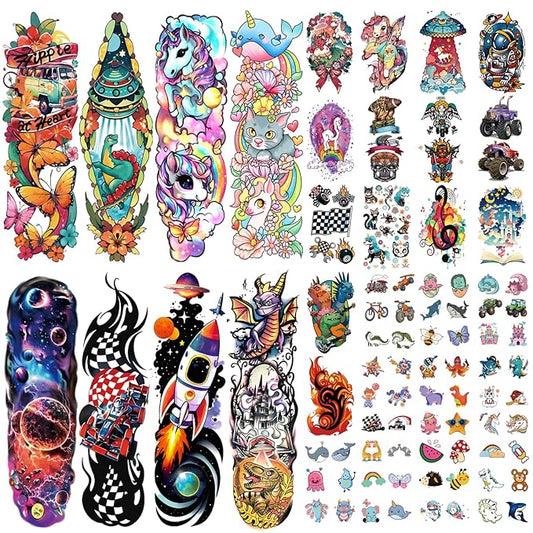 52 PCS Kids Full Arm Temporary Tattoos - Rocket Car Dinosaur Planet Astronaut & Dolphin Castle Cat Body Tattoos Stickers for Boys & Girls, Party Supplies Gifts