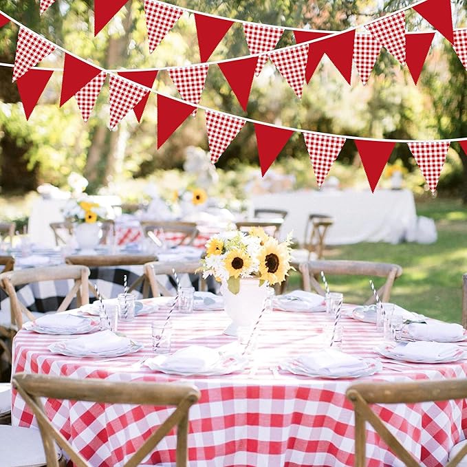 32Ft Red Gingham Party Decorations Red White Plaid Checkered Triangle Flag Pennant Fabric Garland for Birthday Baby Shower Carnival Picnic Pizza Hot Dog Farm Apple Italian Summer Party Supplies