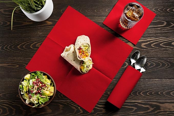 Linen-Feel Colored Paper Napkins - Decortive Cloth-Like RED Luncheon Napkins - Soft And Absorbent. For Kitchen, Party, Wedding, Dinner Or Any Occasion. (Pack of 50)