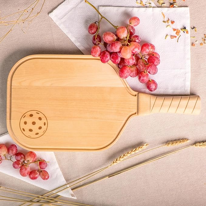 Pickleball Charcuterie & Cutting Board, Pickleball Gift, Partner Size - 17 x 8.5 x 0.75”, Birch Wood, Paddle Shape with Handle, Mineral Oil Finish