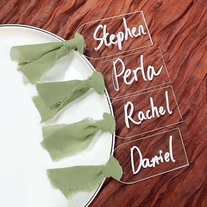 30Pcs Acrylic Place Card for Wedding Clear Transparent Acrylic DIY Table Seating Cards Wedding Supplies with Green Ribbon