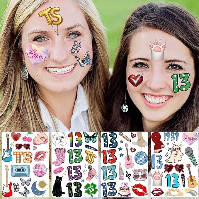 58+ PCS Concert Tour Temporary Tattoos For Fan Women Girls Adults, 3D Disco Fake Hand 13 Face Tattoo Stickers Men, Cartoon Cat Guitar Party Favor Supplies Festival Rave Accessories Decorations