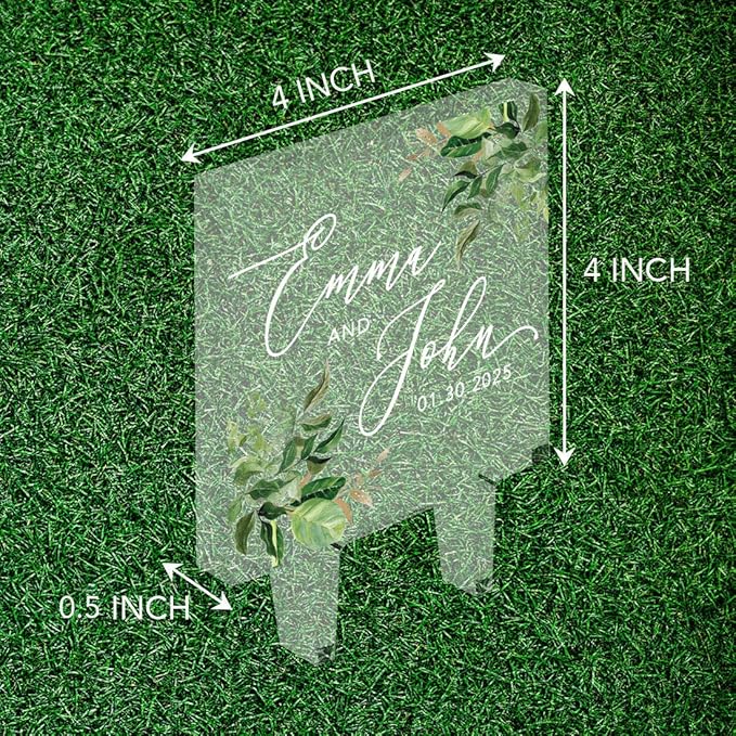 Andaz Press Greenery Eucalyptus Custom Wedding Cake Topper, Acrylic Square Personalized Couple Cake Topper