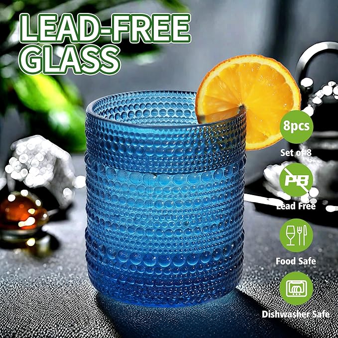Vintage Hobnail Driinking Glasses Set, Glassware Drinking Set of 8, 12 oz Highball Glasses & 10 oz Cocktail Glasses, Tumbler Glasses for Cocktails, Whiskey, Juice, Milk