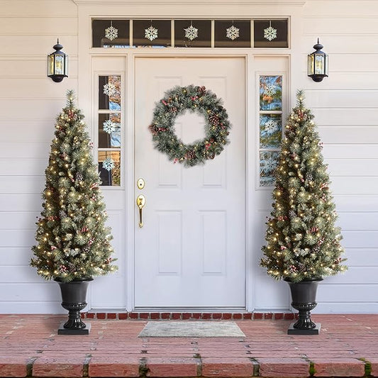 Glitzhome 2 Pack 6FT Pre-Lit Artificial Christmas Tree, Entrance Tree Frosted Pine Cones and Berries Christmas Porch Tree with 200 Warm White Lights for Front Door Porch Entryway Holiday Home Decor