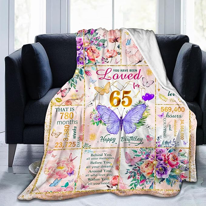 65th Birthday Gifts for Women Blanket, Unique Fun Purple Butterfly Flower Throw Blanket Gift for 65 Birthday, 65 Year Old Birthday Gifts for Women, Super Soft Cozy Warm Plush Flannel Blankets 60"X50"