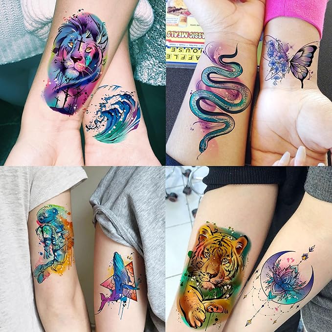 COKTAK 67 Sheets Watercolor Rose Flower Temporary Tattoos For Women Girls, 12 Sheets Colorful Arm Sleeve Tattoos For Adults Floral Snake Tiger, 53 Sheets Groovy Small Semi Permanent Fake Tattoos Kids