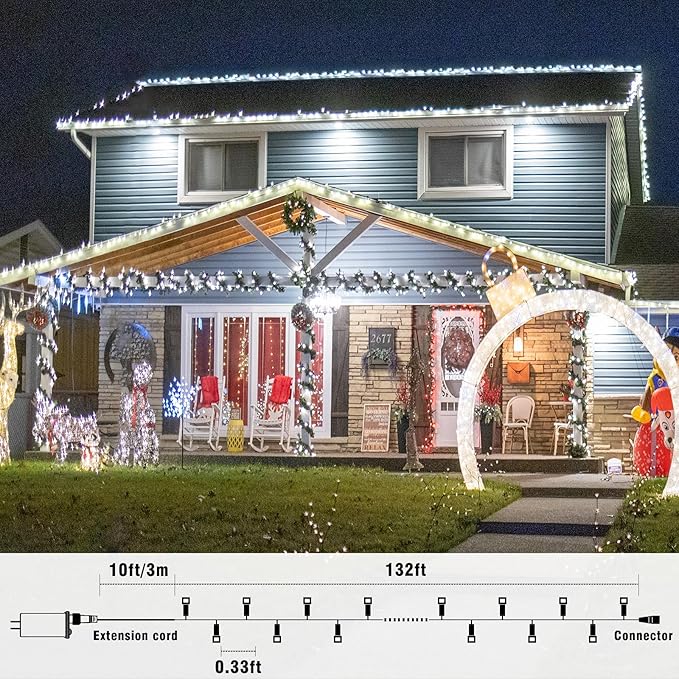 Christmas Lights Indoor, 132FT 400 LED Outdoor String Lights with 8 Modes Waterproof, Plug in Fairy Twinkle Lights Clear Wire for Home Wedding Patio House Garden Decorations