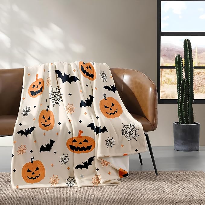 Halloween Flannel Throw Blanket – Ghost, Bat & Pumpkin Pattern – Orange Festive Blanket for Couch or Bed, W50 x L70in