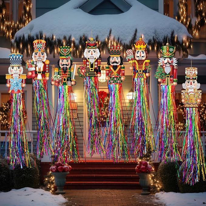 8pcs Nutcracker Christmas Windsocks Outdoor Hanging Decorations with Tassels Christmas Yard Decorations for Outside 3.3ft Xmas Signs for Wall Tree Home Lawn Yard Party Supplies Decor