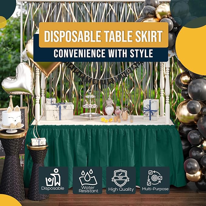 Exquisite Ruffle Table Skirt Dark Green 2 Pack 14 Ft Long Table Skirts for Rectangle Tables 6ft Plus or Round Tables Skirts with Adhesive Strip for Gender Reveal Decor & Happy Birthday Parties