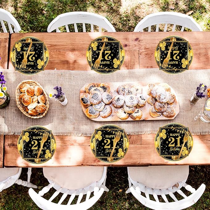 21th 7 inch Birthday Party Paper Plates and Napkins Forks 60 pcs Black Gold Birthday Decorations for Boys Girls Tableware Set Anniversary Party Supplies,Serve 20