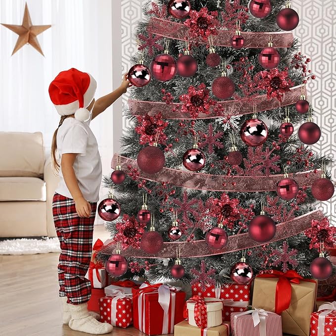Sratte 94 Pcs Christmas Tree Decorations Set, Christmas Tree Ball Ornaments Glitter Poinsettia Flowers Decorations Glitter Berries Stems for Xmas Holiday Wedding(Burgundy)