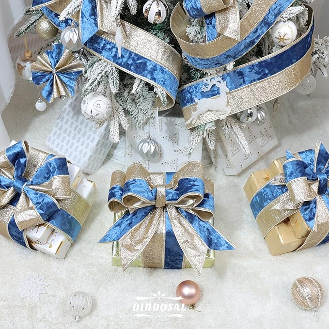 Navy Blue Velvet Wired Christmas Ribbon 4 Inch Extra Wide Thick Blue and Gold Glitter Holiday Ribbon – 10-Yards Roll for Tree Decorations, Gift Wrapping, Wreaths, and DIY Crafts