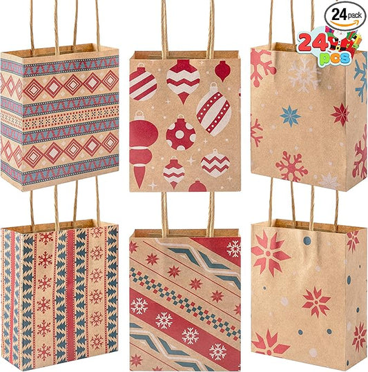 JOYIN 24 PCS Christmas Kraft Gift Bags with Handles, Reusable Xmas Paper Goody Wrap Craft Bags for Holiday Presents, Giant Gifts Decorations, Party Favors and Decor Supplies (5.25 x 4.25 x 2)