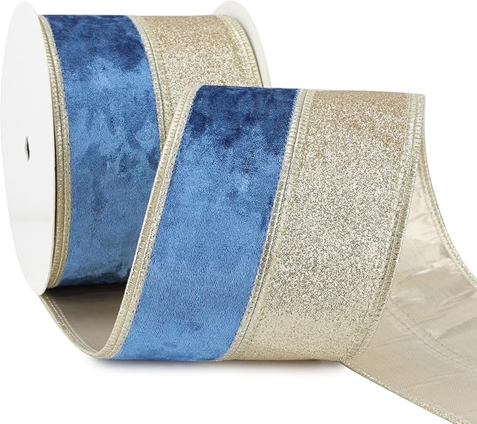 Navy Blue Velvet Wired Christmas Ribbon 4 Inch Extra Wide Thick Blue and Gold Glitter Holiday Ribbon – 10-Yards Roll for Tree Decorations, Gift Wrapping, Wreaths, and DIY Crafts
