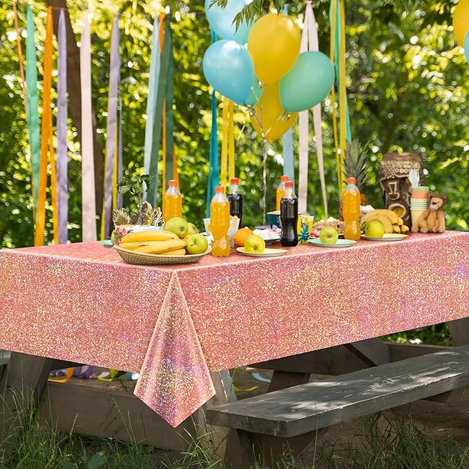 2 pcs Rose Gold Holographic Table Cloth 40" x 108" Shiny Bachelorette Party Decorations Plastic Laser Sparkly Tablecloth Glitter Table Decor for Wedding Anniversary Event Birthday Party Supplies