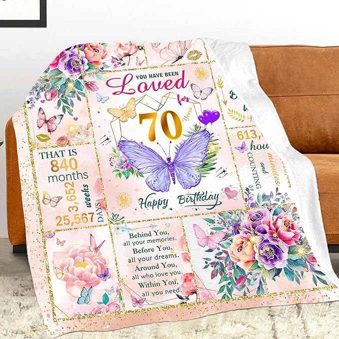 70th Birthday Gifts for Women, Super Soft Unique Fun Purple Butterfly Flower Blanket Gifts for Anniversary Christmas, 70th Birthday Decorations for Women, Cozy Warm Plush Fuzzy Fleece Blanket 80"x60"