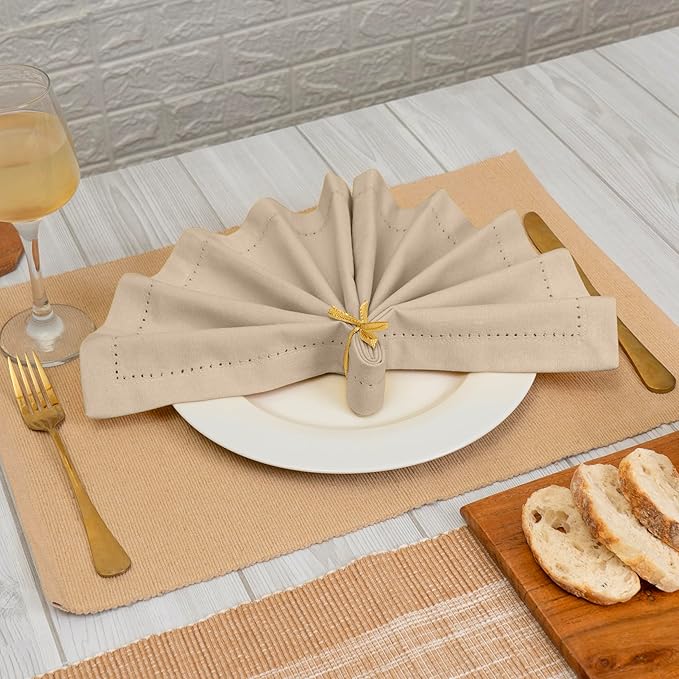 Blue Needles Set of 12 Hemstitch Linen Napkins 100% Cotton Beige Cloth Dinner Napkins 18x18 inches, Soft, Reusable, Absorbent, Washable, Ideal for Fall Thanksgiving Events, Parties & Everyday Use