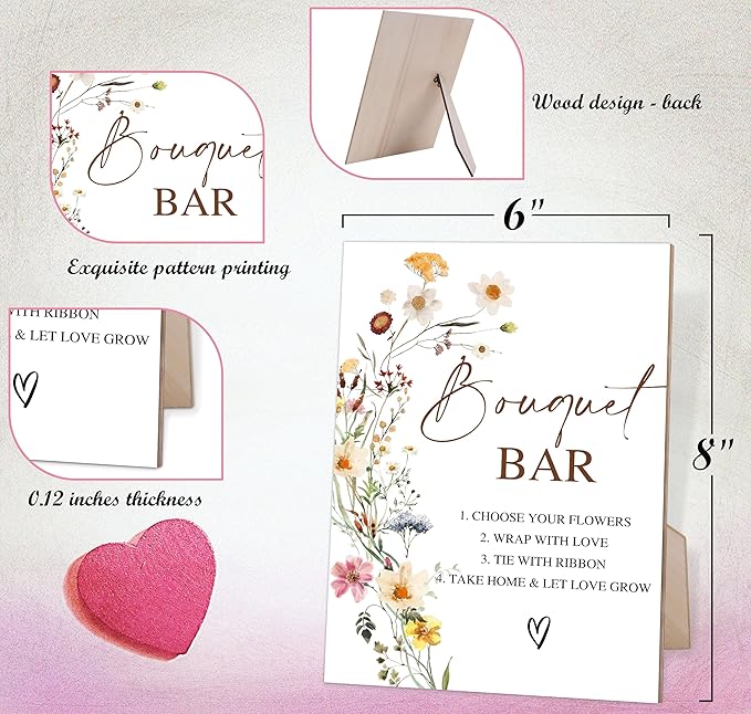 Flower Bouquet Bar Sign, Wedding Decorations for Reception, Bridal Shower Party Decor, Table Centerpieces for Party, Wedding Guest Gifts, 6X8 Inch Wooden Bridal Shower Signs with Stand, 5