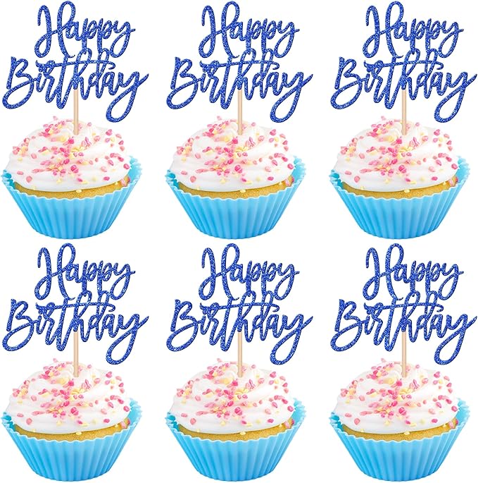 24 PCS Happy Birthday Cupcake Toppers Glitter Picks for Celebrating Anniversary Theme Party Cake Decorations Supplies Dark Blue