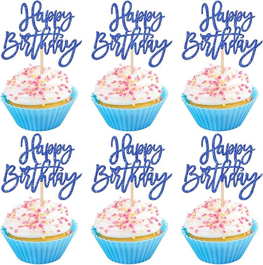 24 PCS Happy Birthday Cupcake Toppers Glitter Picks for Celebrating Anniversary Theme Party Cake Decorations Supplies Dark Blue
