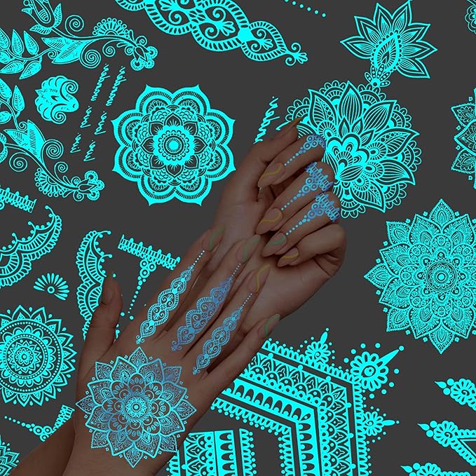 4 Sheets Blue Luminous Mandala Flower Tempoprary Tattoos For Women Girls Adults Hands Arm, Sexy Tribal Lace Lotus Glow In The Dark Fake Tattoo Stickers, Night Glitter Wedding Festival Party Supplies