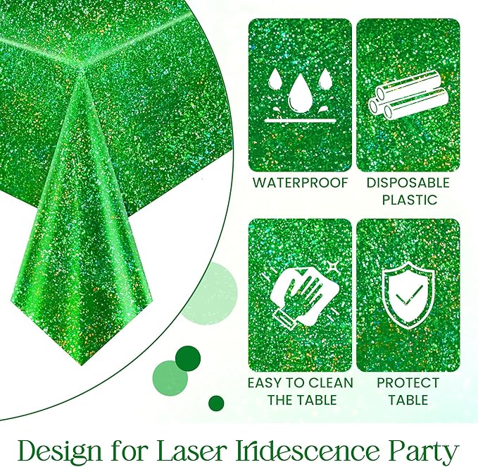 2 pcs Green Holographic Tablecloth 40" x 108" Christmas Table Cloth Shimmer Shining Plastic Metallic Table Cover for Jungle Safari St. Patrick's Day Baby Shower Birthday Party Decoration Supplies
