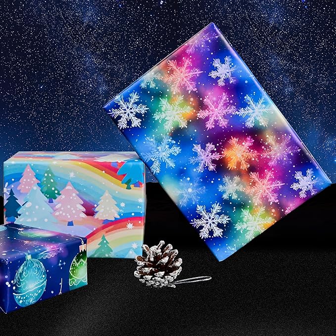 Vnaaem Christmas Wrapping Paper for Boys Girls Kids - Colorful Rainbow Xmas Gift Wrap with Snowman Tree Ball Snowflakes Design for Holiday Winter Paty - 20 x 28Inches Per Sheet(8 Pack)