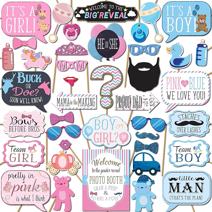 Gender Reveal Photo Booth Props - 41-pc Photobooth Kit with 8 x 10-Inch Sign, 60 Adhesive Pads, 45 Sticks - Baby Gender Reveal Party Supplies for Backdrop
