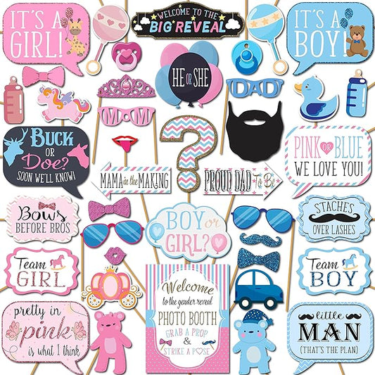 Gender Reveal Photo Booth Props - 41-pc Photobooth Kit with 8 x 10-Inch Sign, 60 Adhesive Pads, 45 Sticks - Baby Gender Reveal Party Supplies for Backdrop