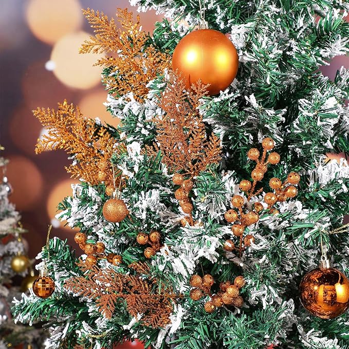 Sratte 94 Pcs Christmas Tree Decorations Set, Christmas Tree Ball Ornaments Glitter Poinsettia Flowers Decorations Glitter Berries Stems for Xmas Holiday Wedding(Orange)
