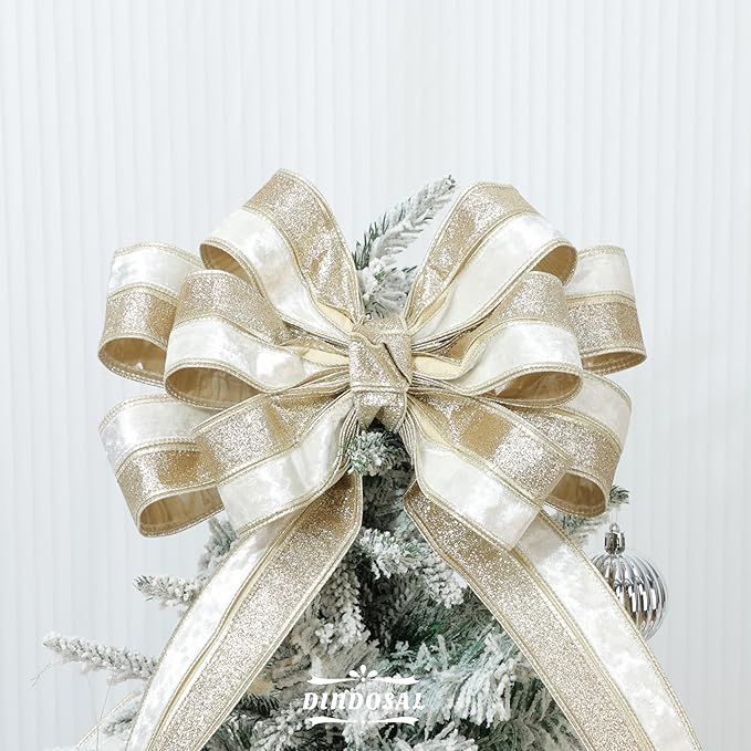 Ivory Velvet Wired Christmas Ribbon 2.5 Inch Ivory and Gold Glitter Holiday Ribbon – 10-Yards Roll for Tree Decorations, Gift Wrapping, Wreaths, and DIY Crafts