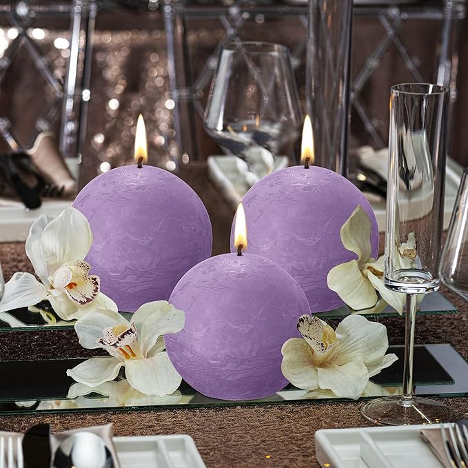 BOLSIUS 3 Pack Vibrant Violet (Purple) Rustic Ball Pillar Candles - 3 Inch - Premium European Quality - Includes Natural Plant-Based Wax - Unscented Dripless Smokeless 25 Hour Party Décor Candles