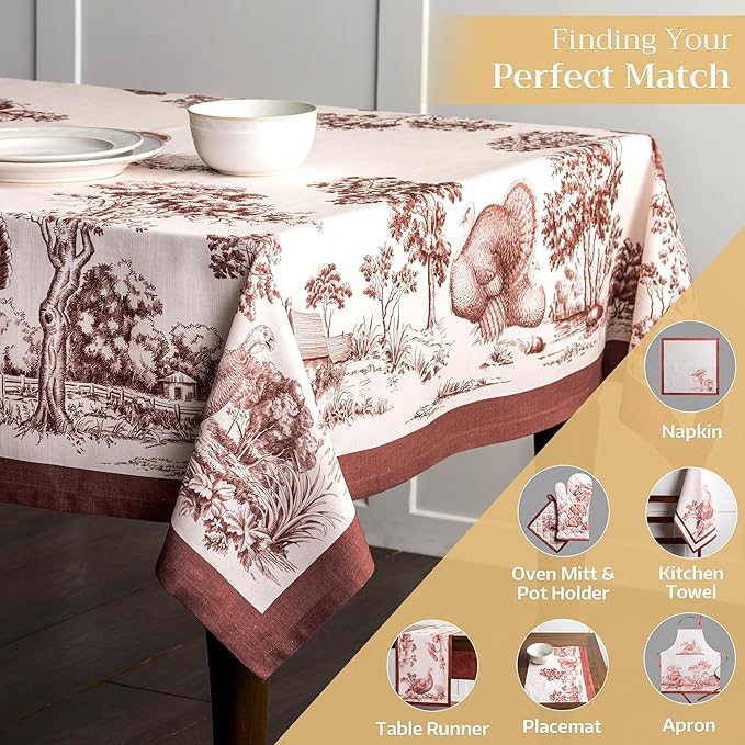 Maison d' Hermine Table Cloth Rectangle Table 100% Cotton 70 x 120 Inches Fall Tablecloth Reusable Everyday Use for Thanksgiving Christmas Decorations Dining Farmhouse Party (Holy Jouy - Brown)