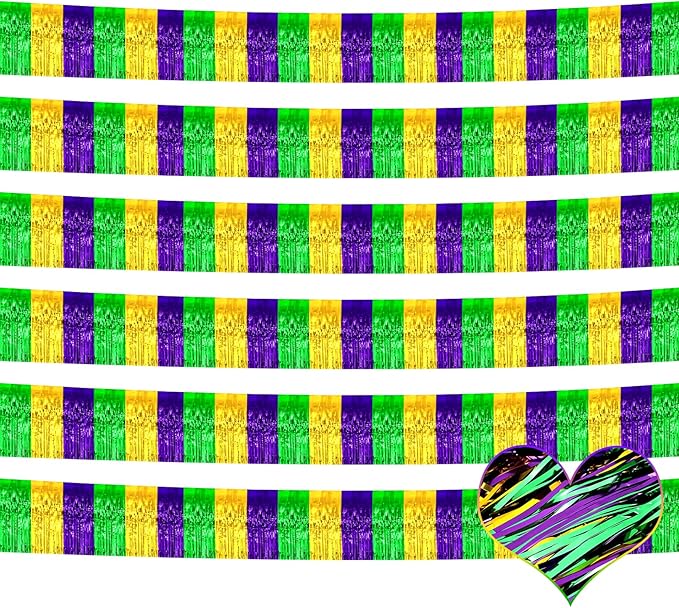 6 Pack 6 Feet Mardi Gras Foil Fringe Garland Metallic Tassle Banner Wall Hanging Tinsel Streamers Backdrop for Parade Floats, Bachelorette, Wedding, Birthday Party Decorations(Gold Green Purple)