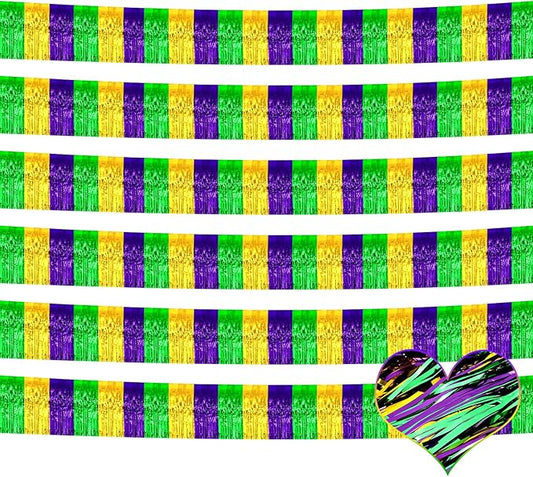 6 Pack 6 Feet Mardi Gras Foil Fringe Garland Metallic Tassle Banner Wall Hanging Tinsel Streamers Backdrop for Parade Floats, Bachelorette, Wedding, Birthday Party Decorations(Gold Green Purple)