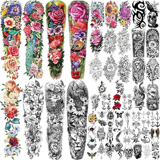 55 Sheets Temporary Tattoo for Men and Women, 8 Full Arm Fake Tattoos, 17 Half Arm Fake Skull Flower Tattoos, 30 Tiny for Adults Kids Body Shoulder Tattoos Stickers Waterproof Realistic Long-Lasting