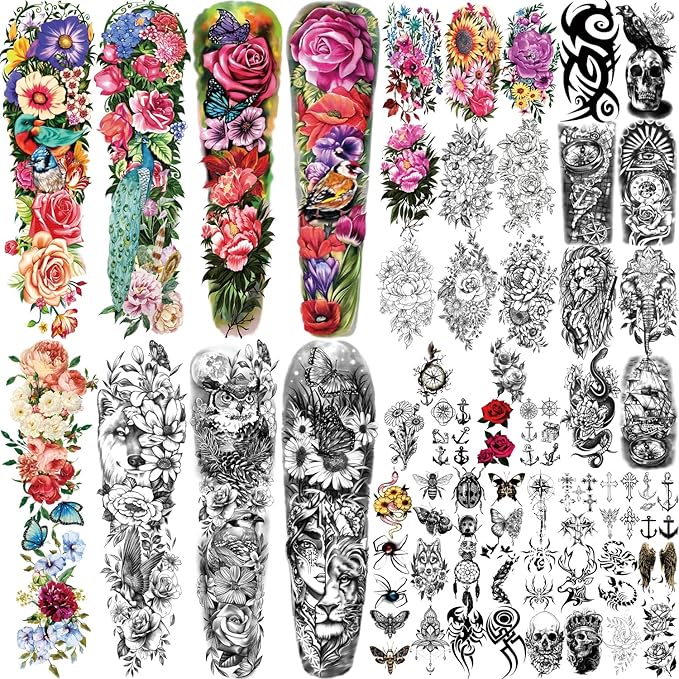 55 Sheets Temporary Tattoo for Men and Women, 8 Full Arm Fake Tattoos, 17 Half Arm Fake Skull Flower Tattoos, 30 Tiny for Adults Kids Body Shoulder Tattoos Stickers Waterproof Realistic Long-Lasting