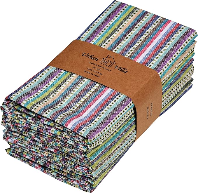 Urban Villa Cloth Napkins Beige Multi Stripes 100% Cotton Absorbent Dinner Napkins (Set of 12) 20x20 Inches Soft Durable Washable Reusable Ideal for Everyday Use Wedding Parties Cloth Dinner Napkins