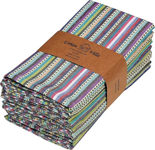Urban Villa Cloth Napkins Beige Multi Stripes 100% Cotton Absorbent Dinner Napkins (Set of 12) 20x20 Inches Soft Durable Washable Reusable Ideal for Everyday Use Wedding Parties Cloth Dinner Napkins