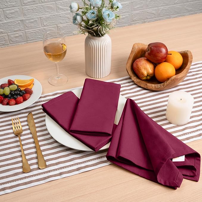 Blue Needles Solid Cloth Napkins Set of 12 Burgundy 100% Cotton Dinner Napkins 18x18 inches - Soft, Reusable, Absorbent & Washable Fall Thanksgiving Linen, Ideal for Events, Parties & Everyday Use