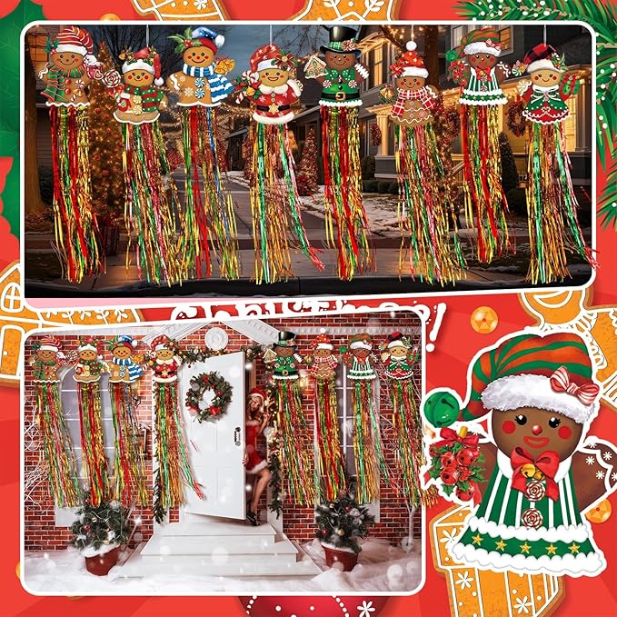 8pcs Christmas Windsocks Outdoor Hanging Decorations with Tassels Gingerbread Yard Signs for Outside 3.3ft Xmas Decorative Signs for Wall Tree Home Lawn Yard Party Supplies Garden Decor