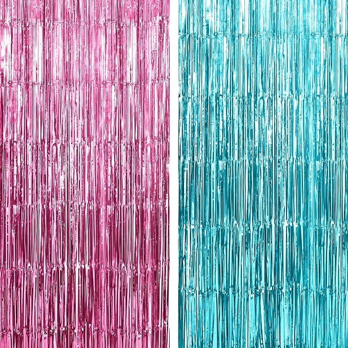 KatchOn, Large Pink and Blue Foil Fringe - 6.4x8 Feet, Pack of 2 | Girl or Boy Gender Reveal Decorations | Pink and Blue Fringe, Boy or Girl Backdrop | Gender Reveal Backdrop for Gender Reveal D√©cor